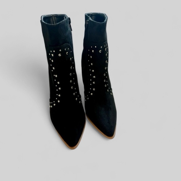 Lulus Blonby Black Faux Suede Studded Ankle Booties | Block Heel | Size 8 - Picture 2 of 4